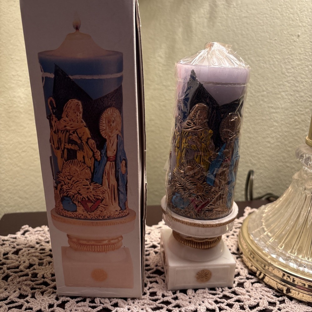 New Vintage Christmas Creche Sculpted/Carved Pillar Candle 6" with Stand